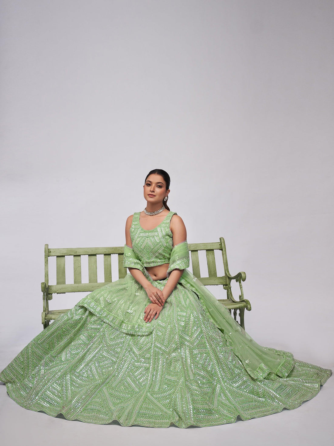 Astonishing Pastel Green Sequins Work Wedding Wear Lehenga Choli