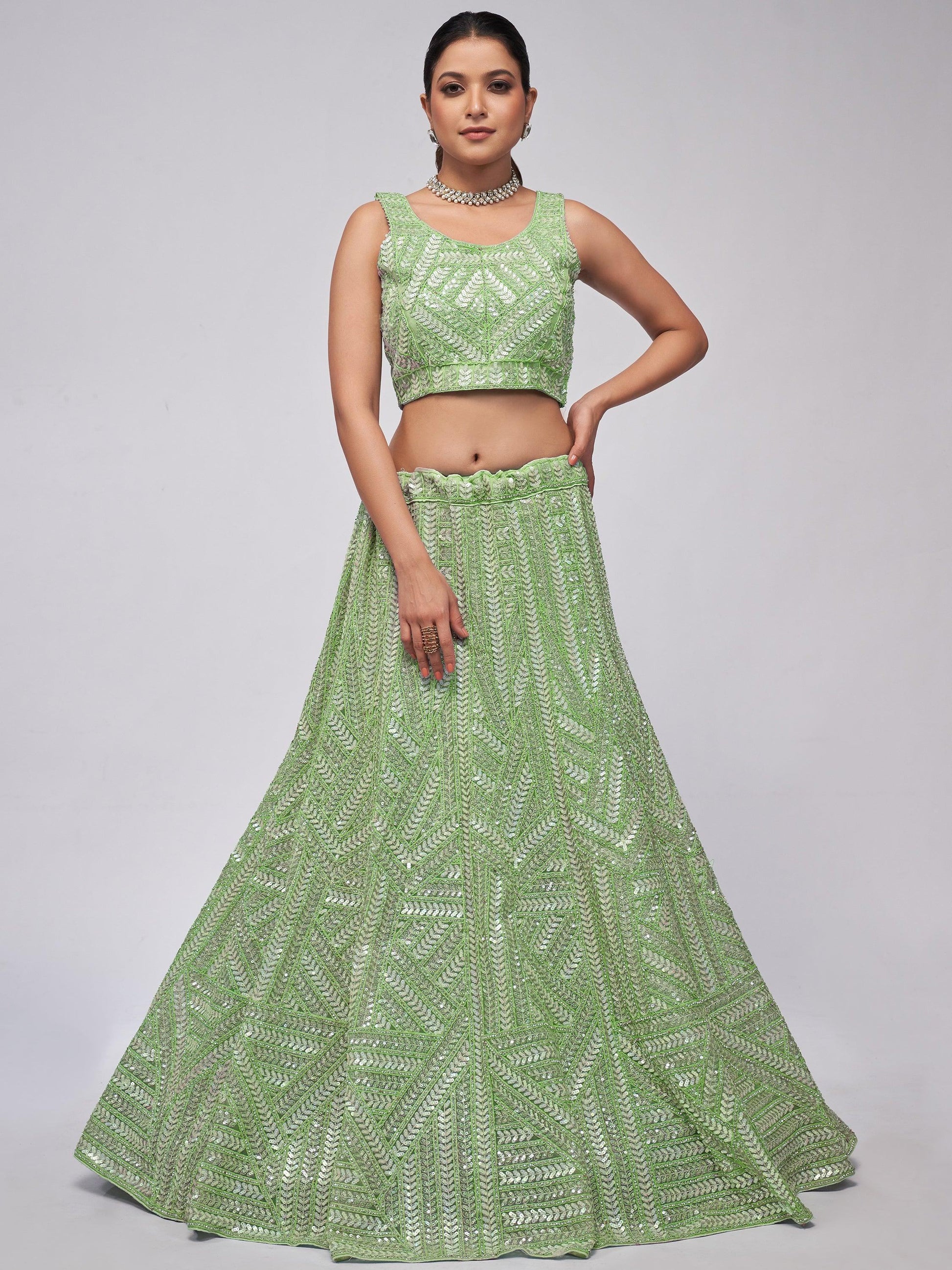 Astonishing Pastel Green Sequins Work Wedding Wear Lehenga Choli
