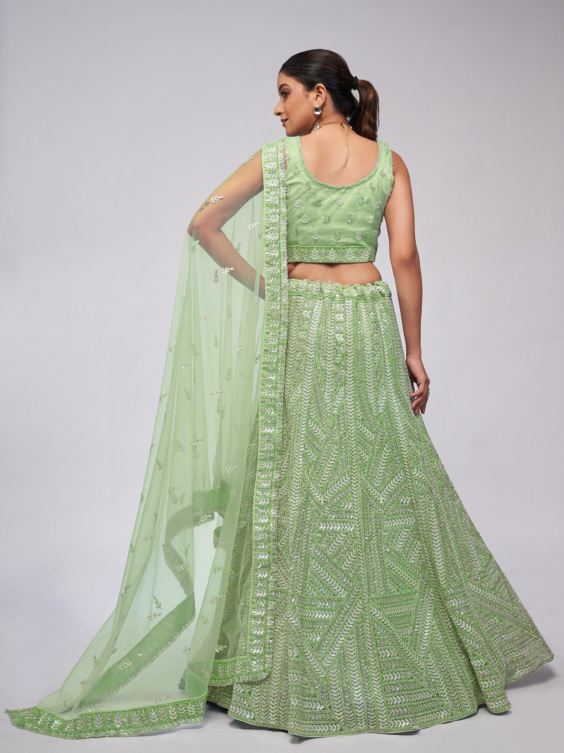 Astonishing Pastel Green Sequins Work Wedding Wear Lehenga Choli