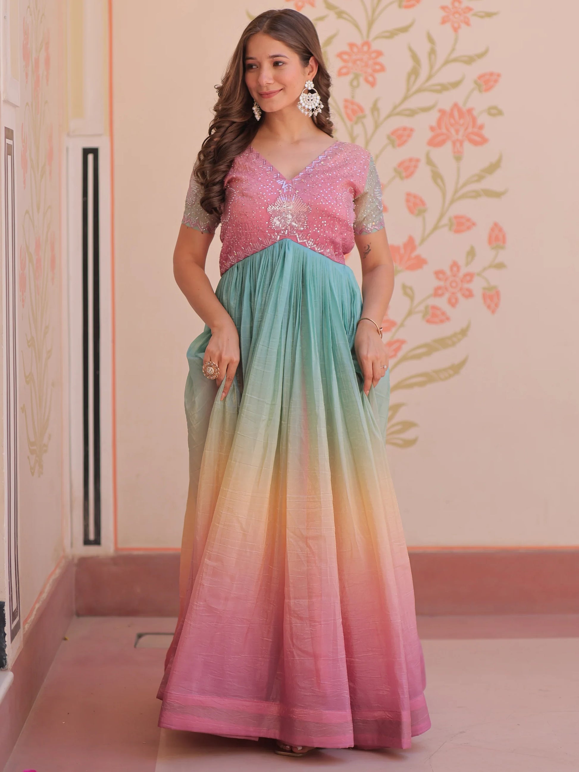 Astonishing Peach Pearl Work Organza Festival Wear Gown - Zeel Clothing