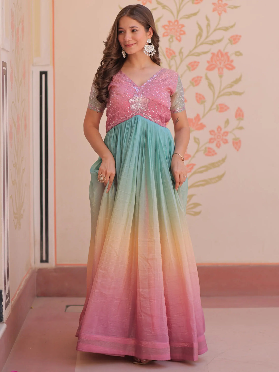 Astonishing Peach Pearl Work Organza Festival Wear Gown - Zeel Clothing