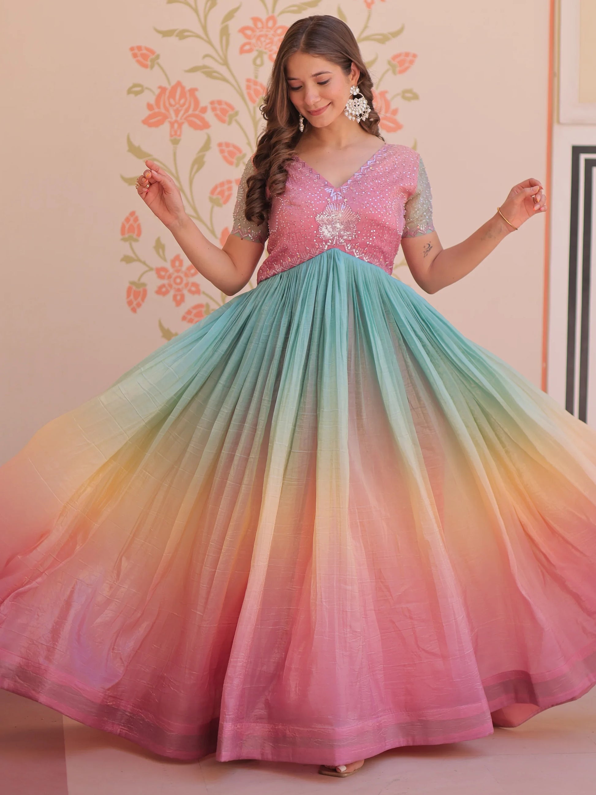 Astonishing Peach Pearl Work Organza Festival Wear Gown - Zeel Clothing