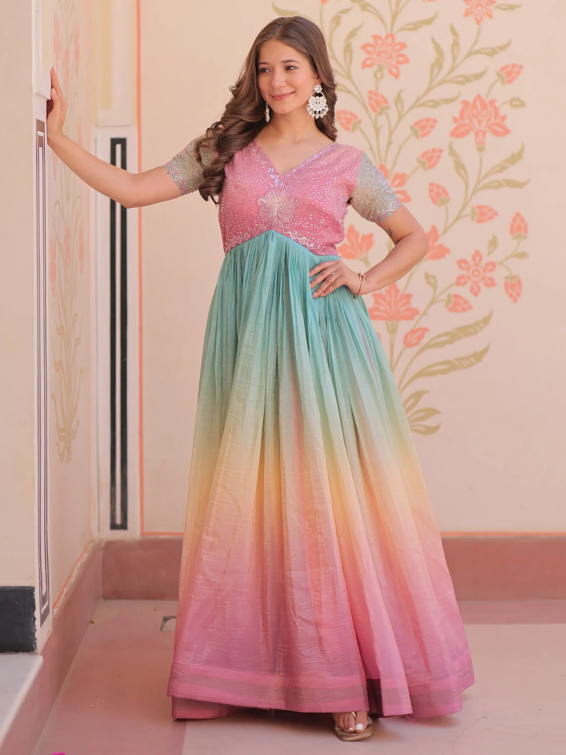 Astonishing Peach Pearl Work Organza Festival Wear Gown - Zeel Clothing
