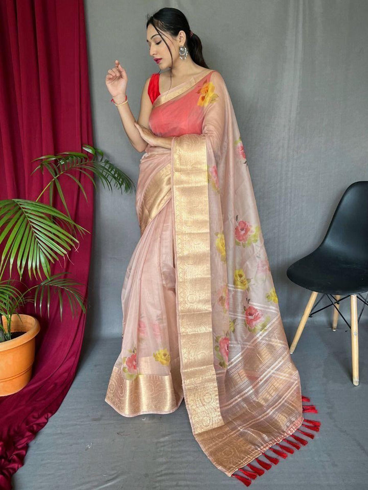 Astonishing Peach Pichwai Print Organza Event Wear Saree With Blouse