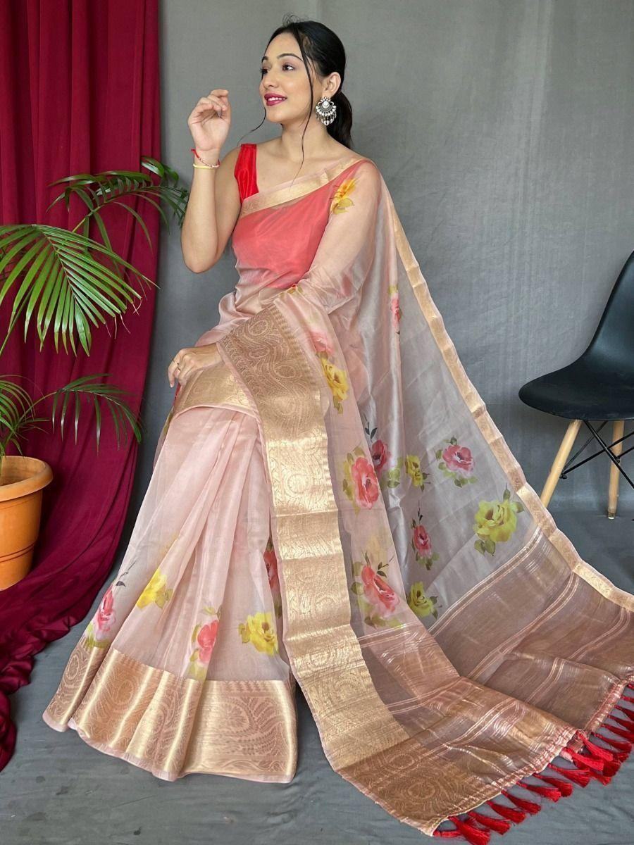 Astonishing Peach Pichwai Print Organza Event Wear Saree With Blouse