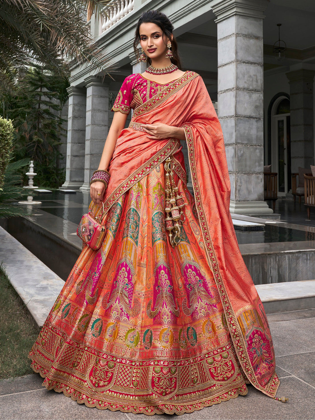 Astonishing Peach Zari Weaving Banarasi Silk Wedding Lehenga Choli - Zeel Clothing