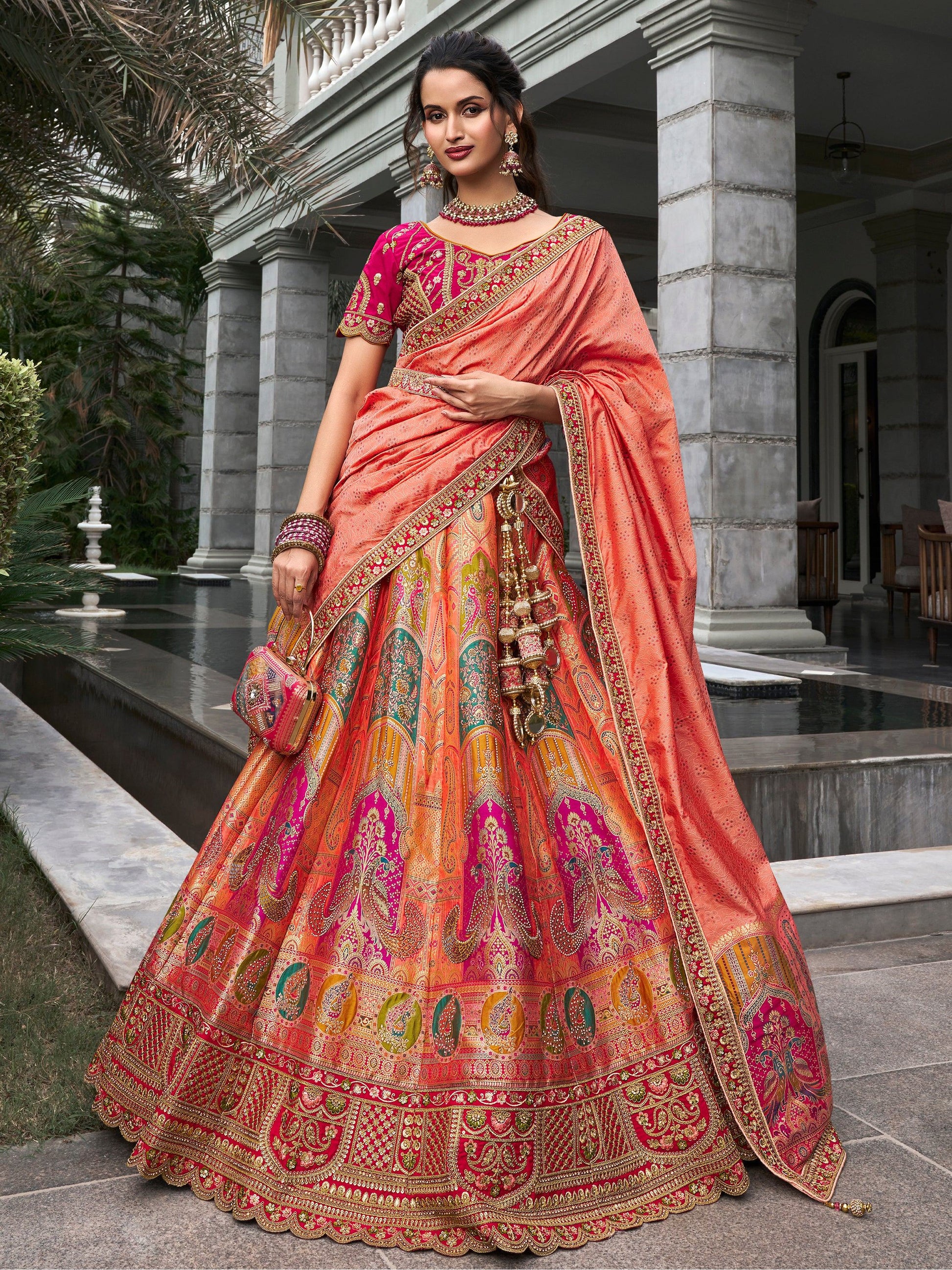 Astonishing Peach Zari Weaving Banarasi Silk Wedding Lehenga Choli - Zeel Clothing