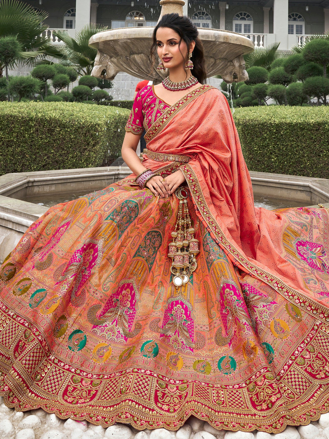 Astonishing Peach Zari Weaving Banarasi Silk Wedding Lehenga Choli - Zeel Clothing