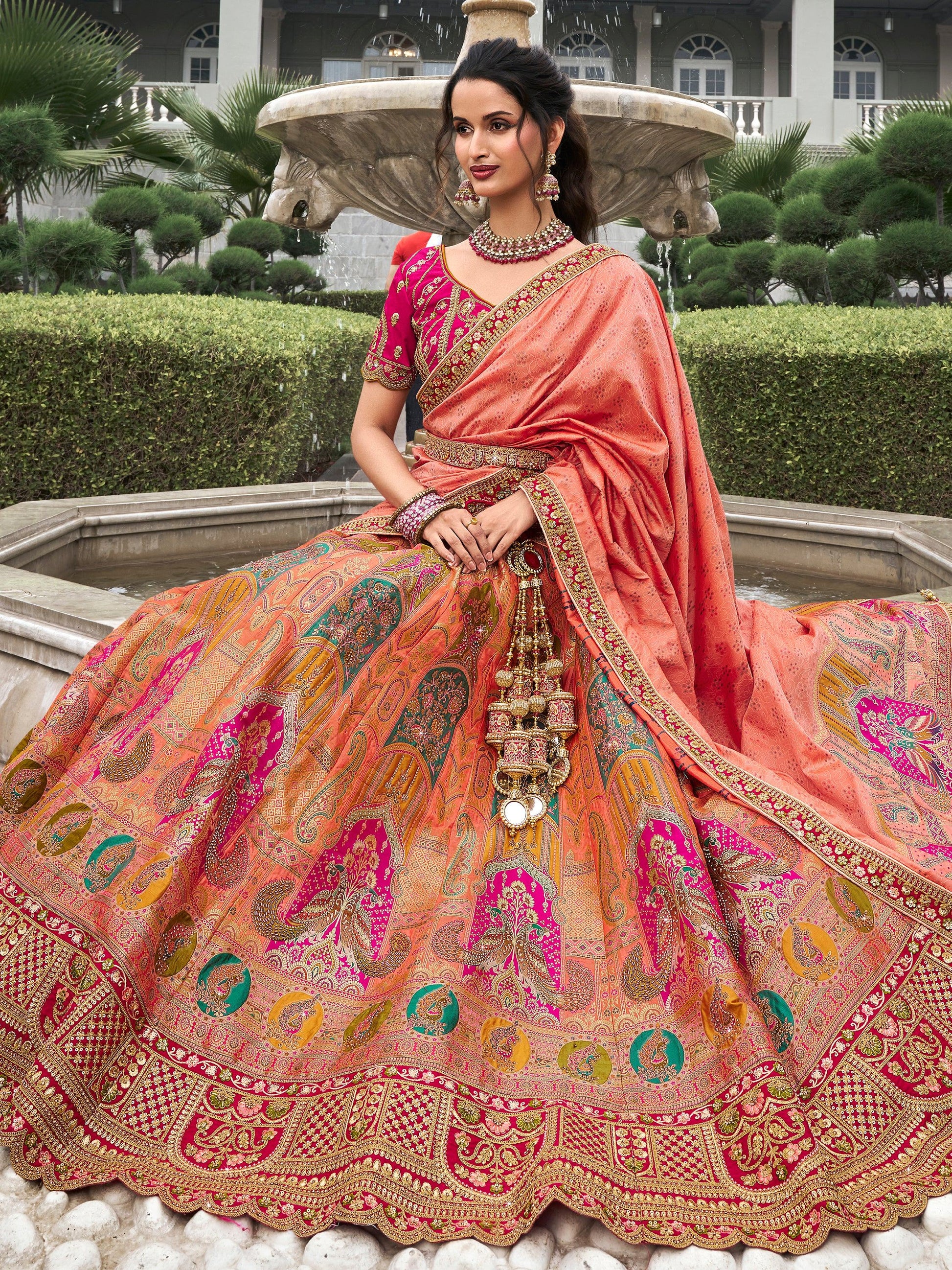 Astonishing Peach Zari Weaving Banarasi Silk Wedding Lehenga Choli - Zeel Clothing