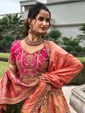 Astonishing Peach Zari Weaving Banarasi Silk Wedding Lehenga Choli - Zeel Clothing