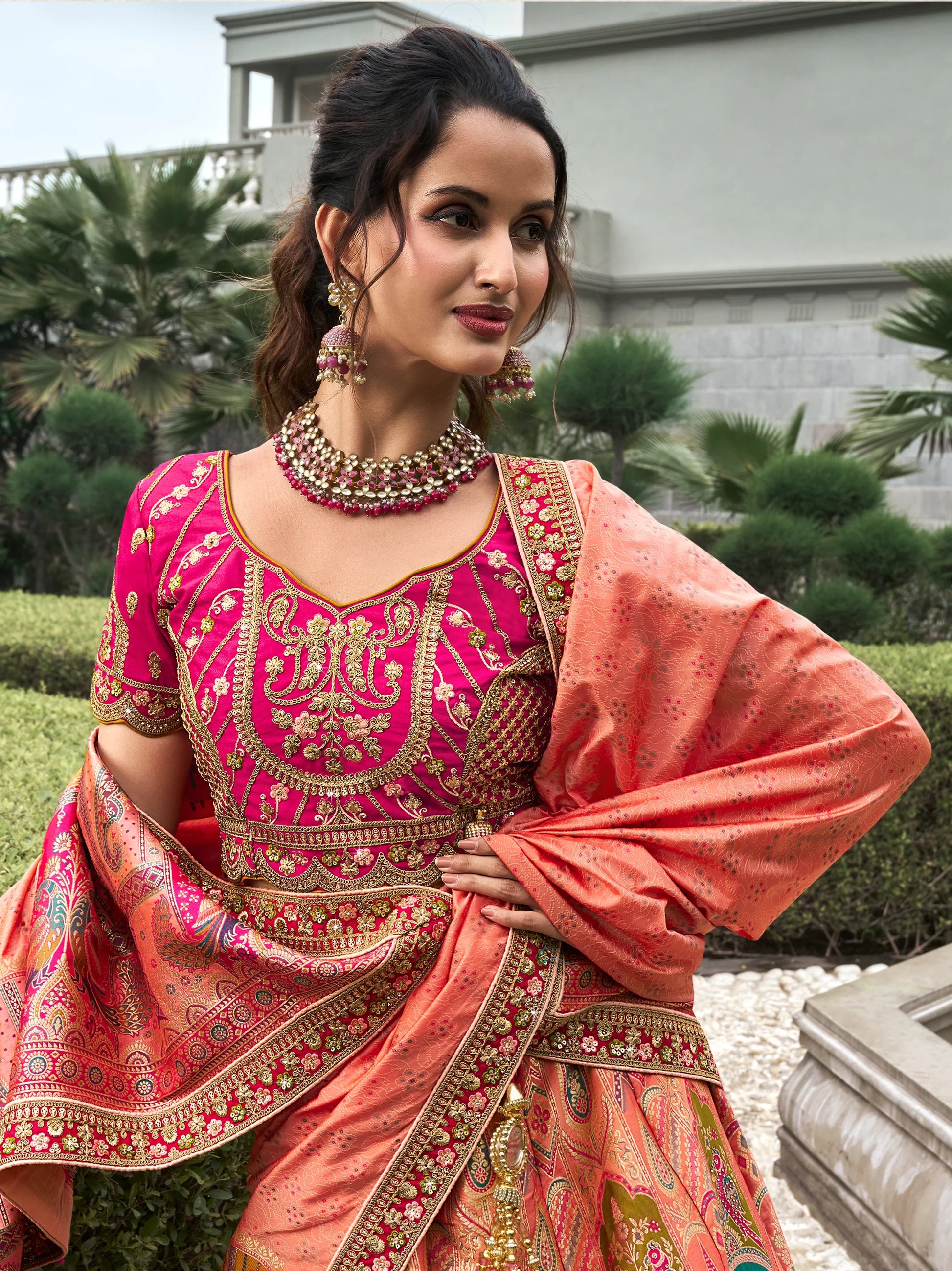 Astonishing Peach Zari Weaving Banarasi Silk Wedding Lehenga Choli - Zeel Clothing