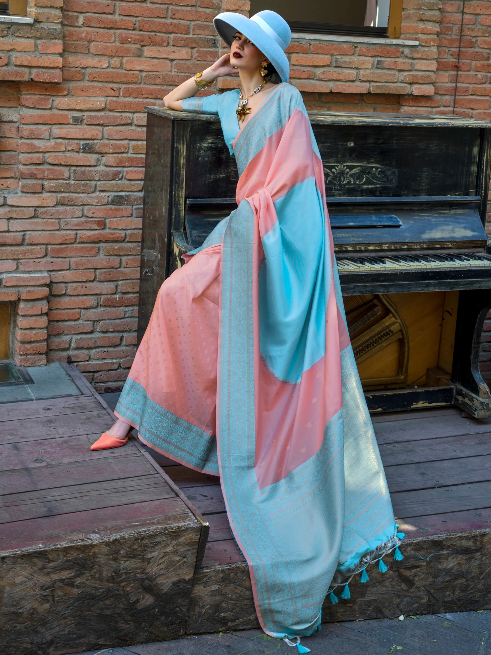 Astonishing Peach Zari Weaving Silk Festival Wear Saree With Blouse - Zeel Clothing