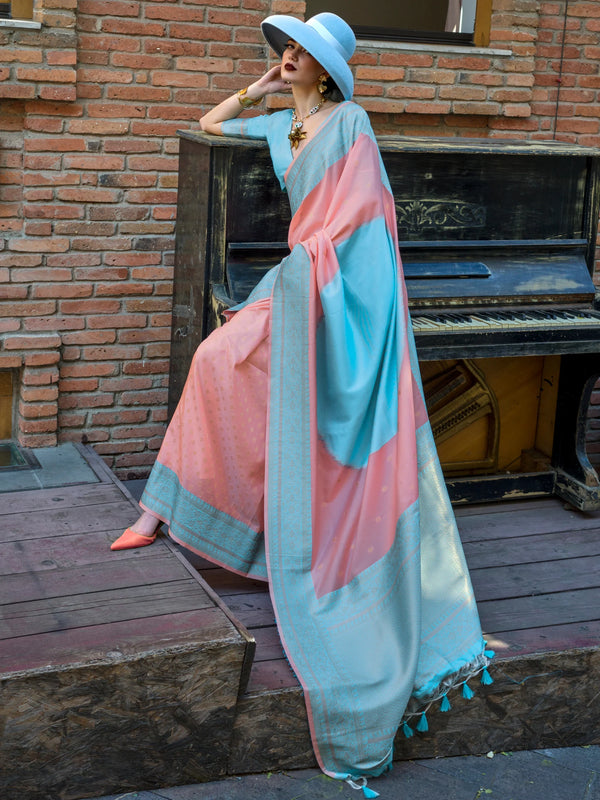 Astonishing Peach Zari Weaving Silk Festival Wear Saree With Blouse - Zeel Clothing