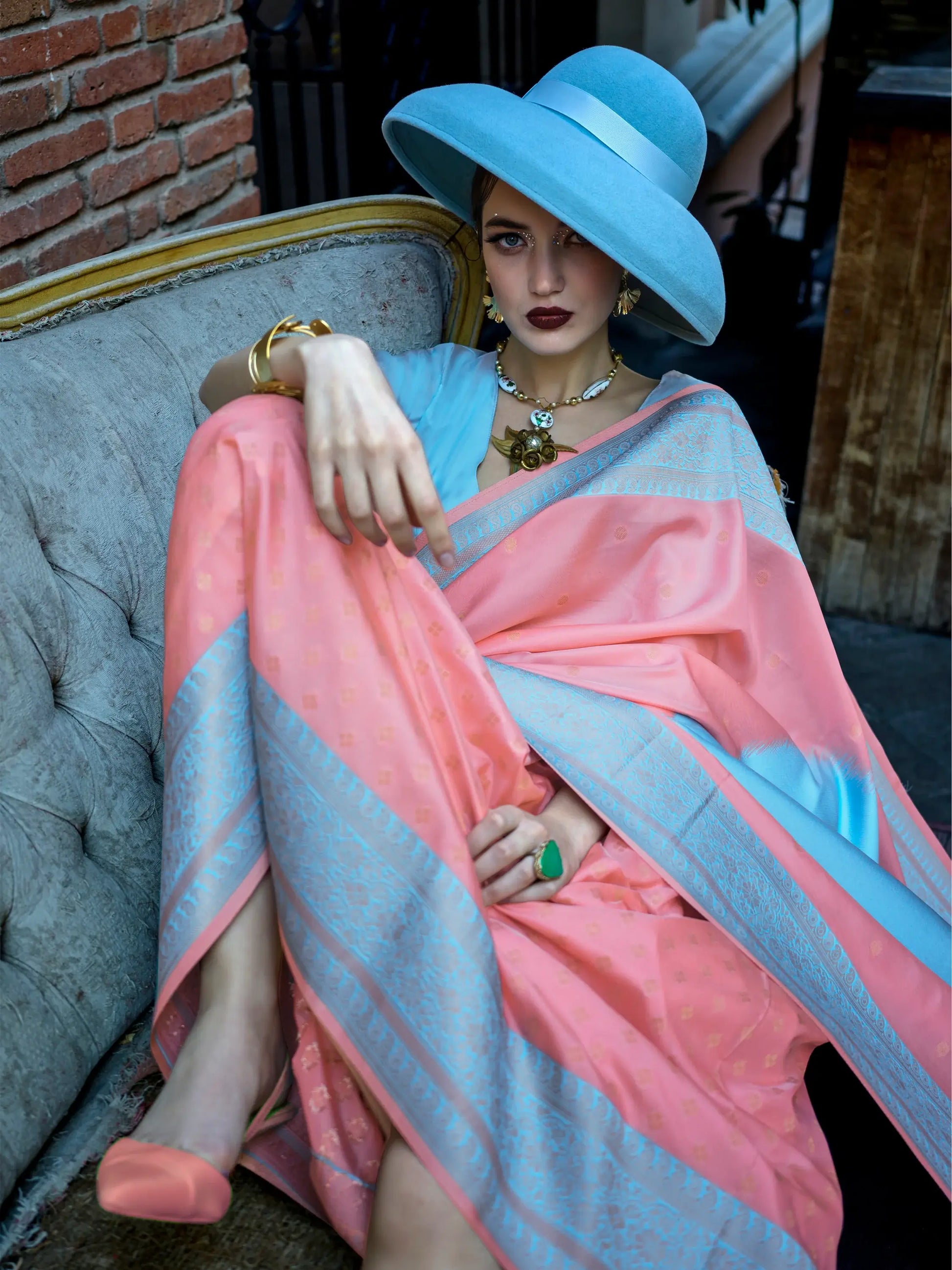 Astonishing Peach Zari Weaving Silk Festival Wear Saree With Blouse - Zeel Clothing