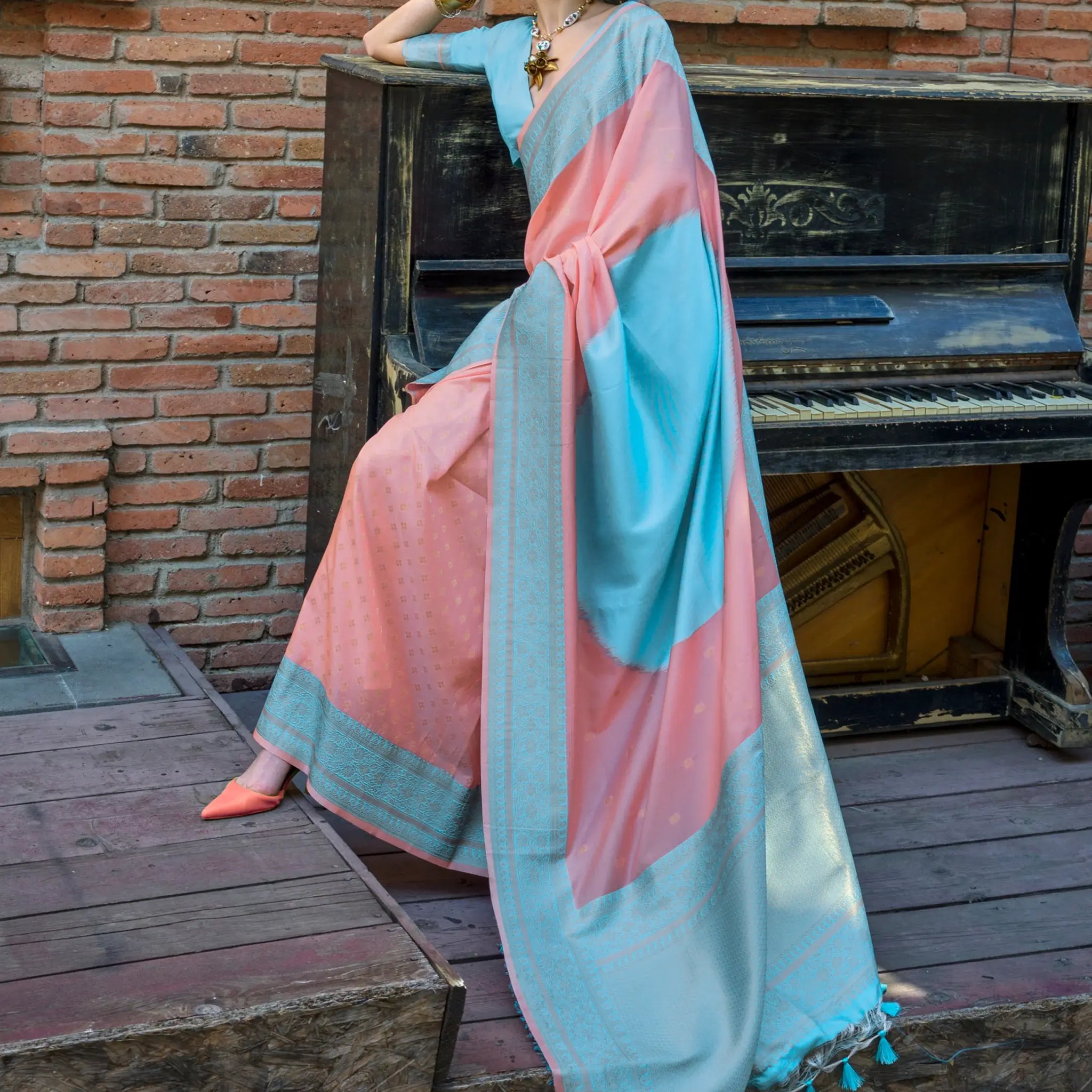 Astonishing Peach Zari Weaving Silk Festival Wear Saree With Blouse - Zeel Clothing