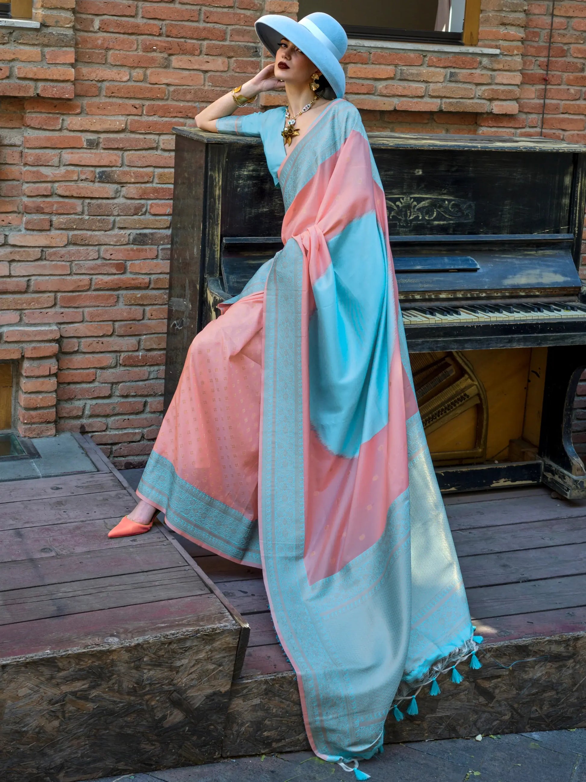 Astonishing Peach Zari Weaving Silk Festival Wear Saree With Blouse - Zeel Clothing