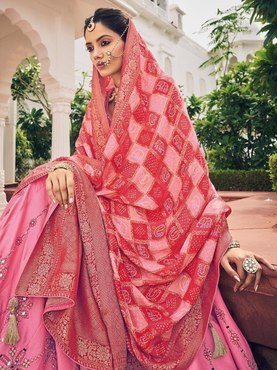 Astonishing Pink Embroidered Silk Wedding Wear Lehenga Choli