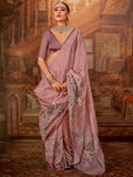 Astonishing Pink Hand Work Tussar Silk Designer Saree With Blouse