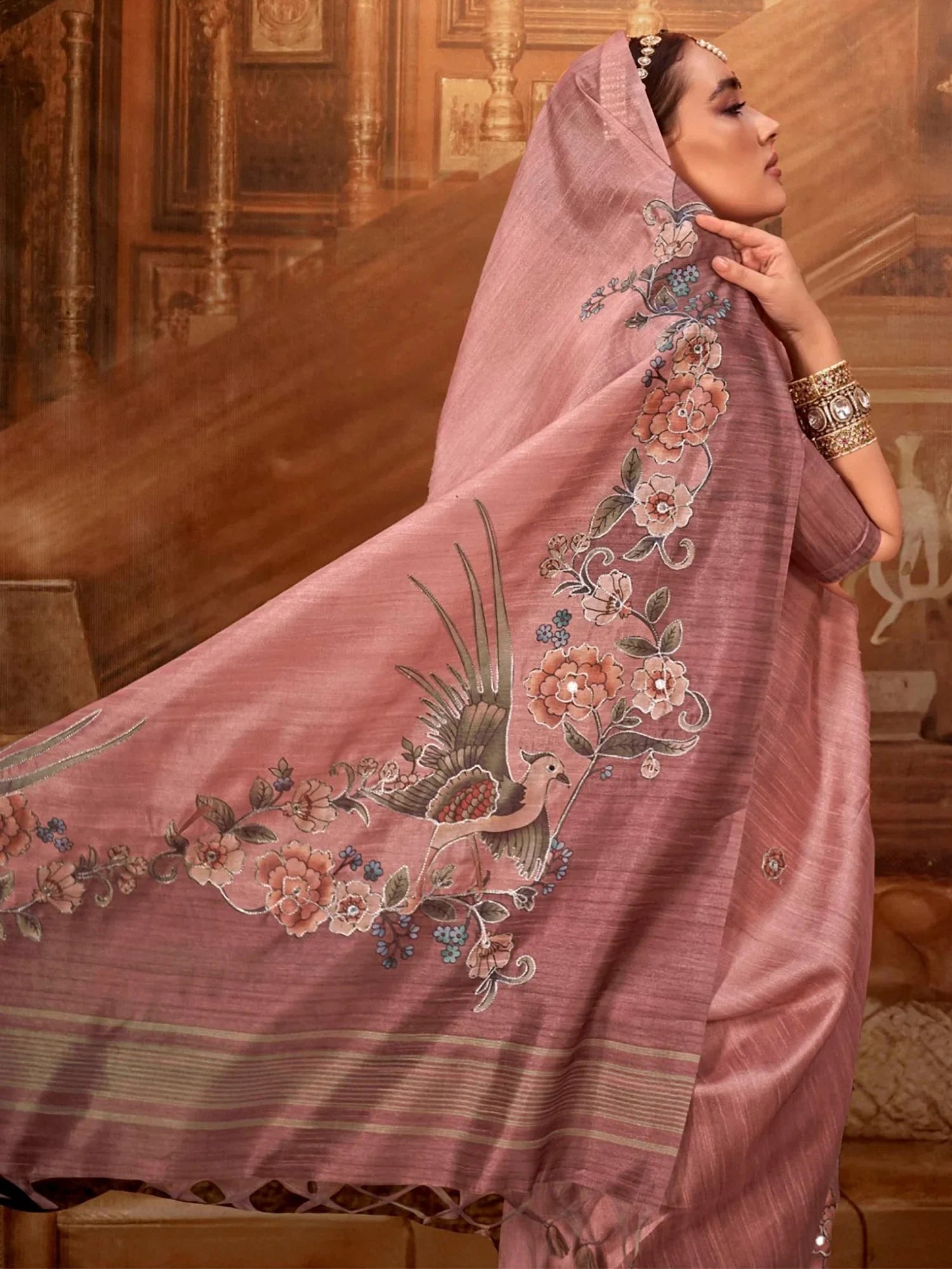 Astonishing Pink Hand Work Tussar Silk Designer Saree With Blouse