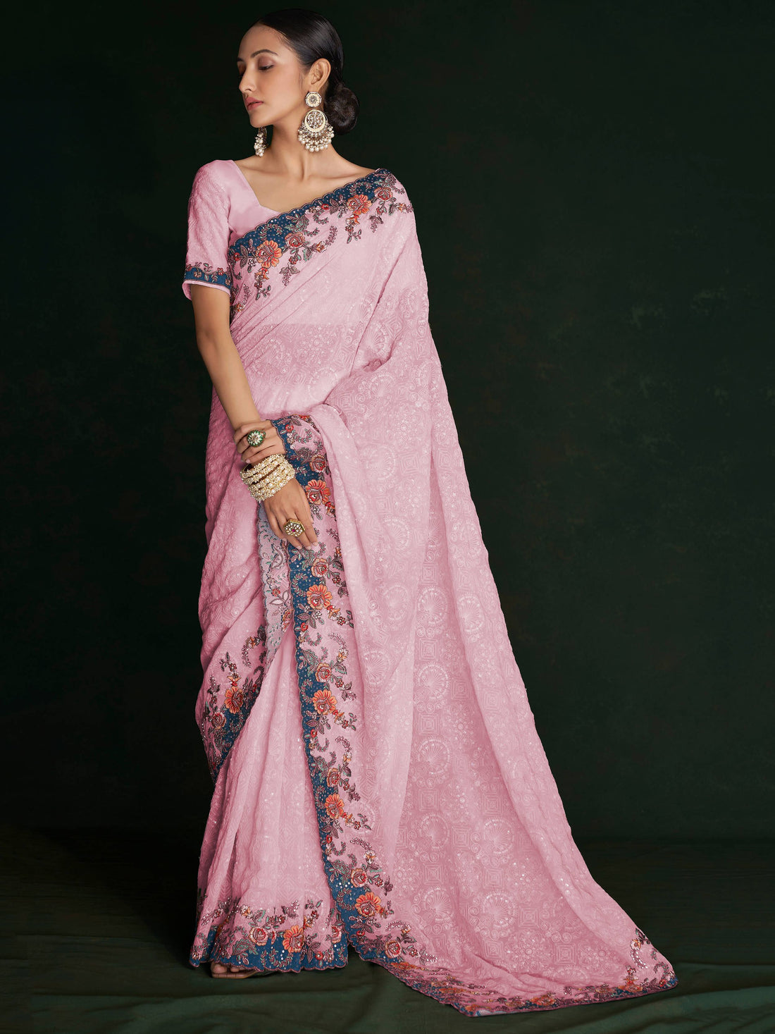 Astonishing Pink Lucknowi Work Georgette Event Wear Saree With Blouse - Zeel Clothing