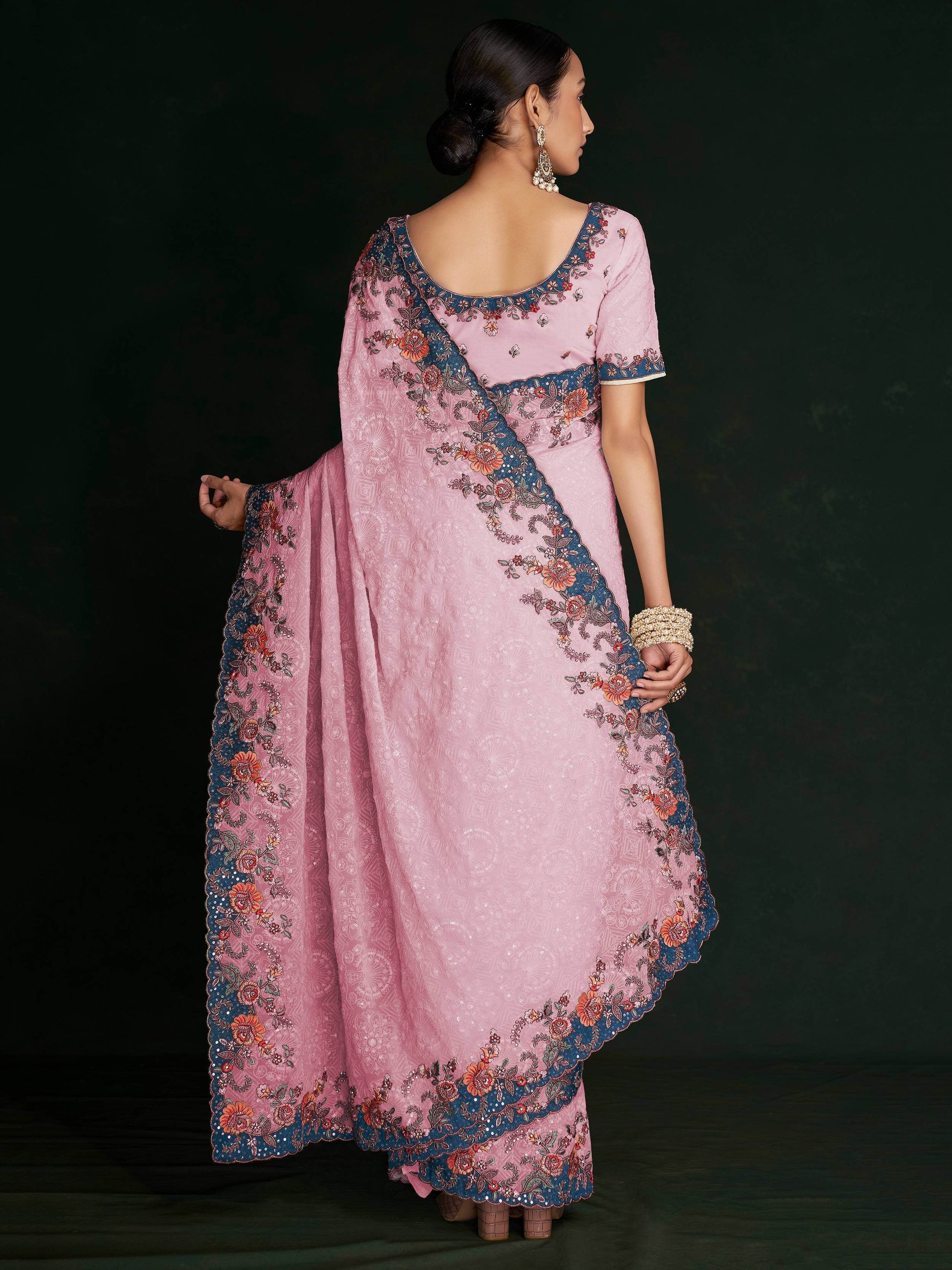 Astonishing Pink Lucknowi Work Georgette Event Wear Saree With Blouse - Zeel Clothing