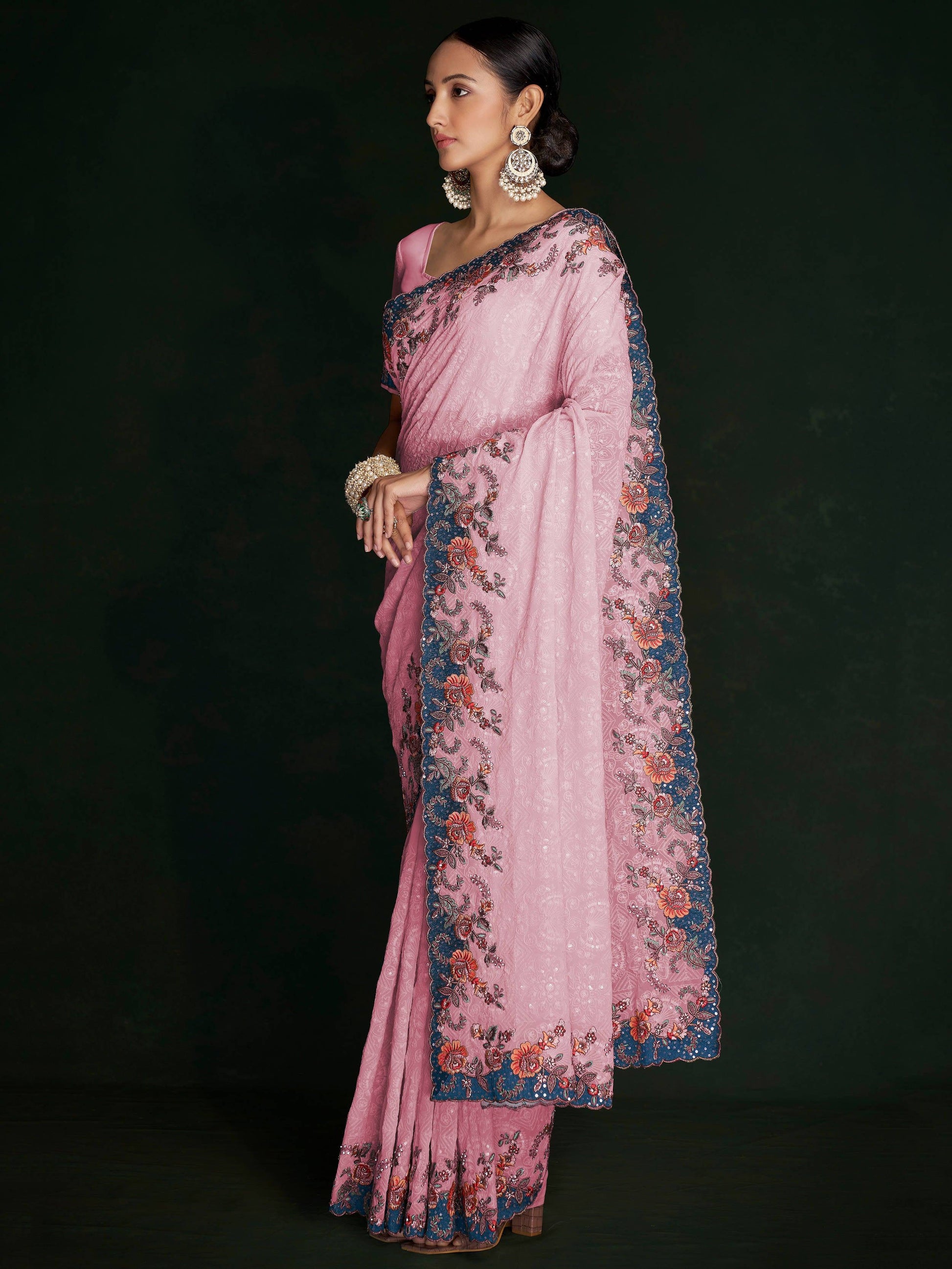 Astonishing Pink Lucknowi Work Georgette Event Wear Saree With Blouse - Zeel Clothing