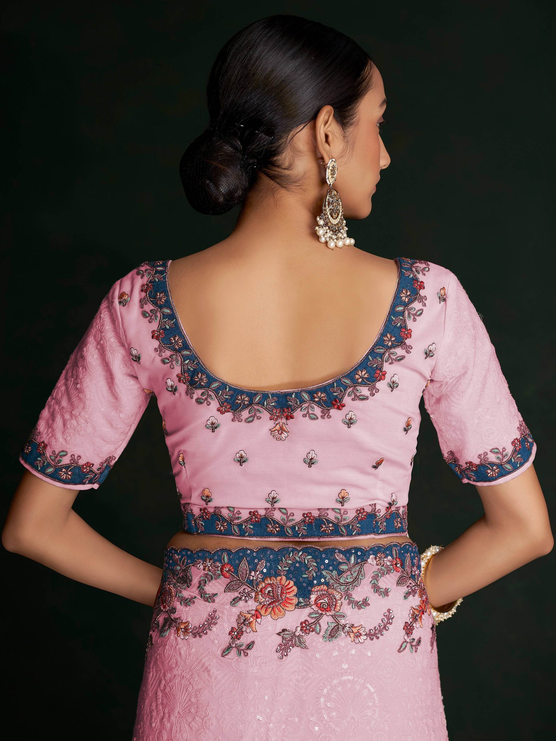 Astonishing Pink Lucknowi Work Georgette Event Wear Saree With Blouse - Zeel Clothing