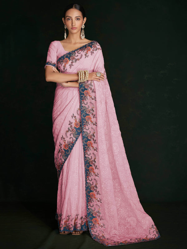 Astonishing Pink Lucknowi Work Georgette Event Wear Saree With Blouse - Zeel Clothing
