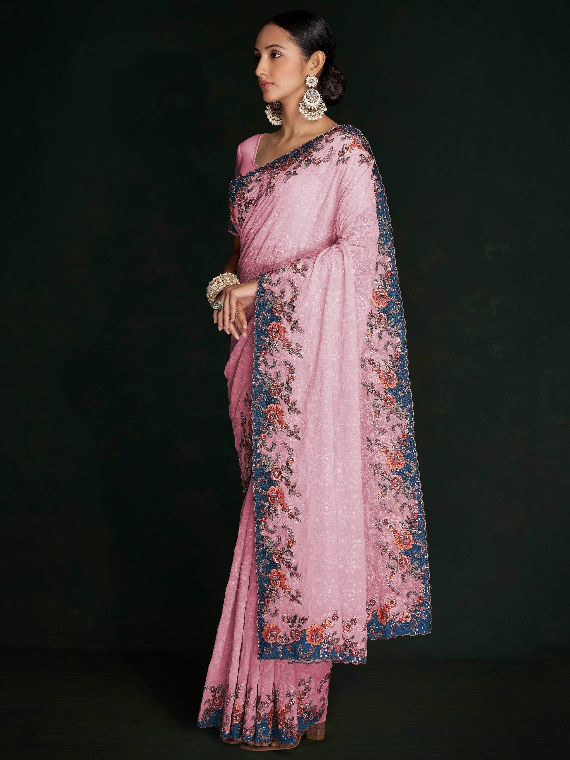 Astonishing Pink Lucknowi Work Georgette Event Wear Saree With Blouse - Zeel Clothing