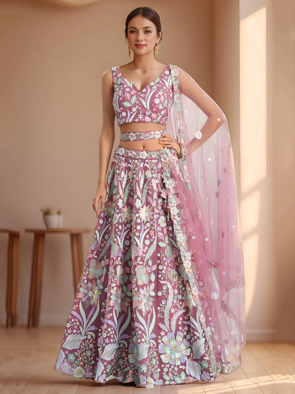 Astonishing Pink Sequins Embroidered Net Reception Wear Lehenga With Blouse