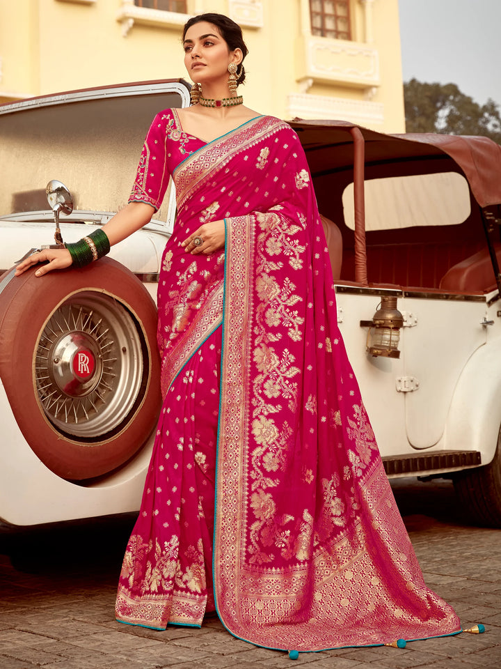 Astonishing Pink Zari Weaving Dola Silk Engagement Wear Saree - Zeel Clothing