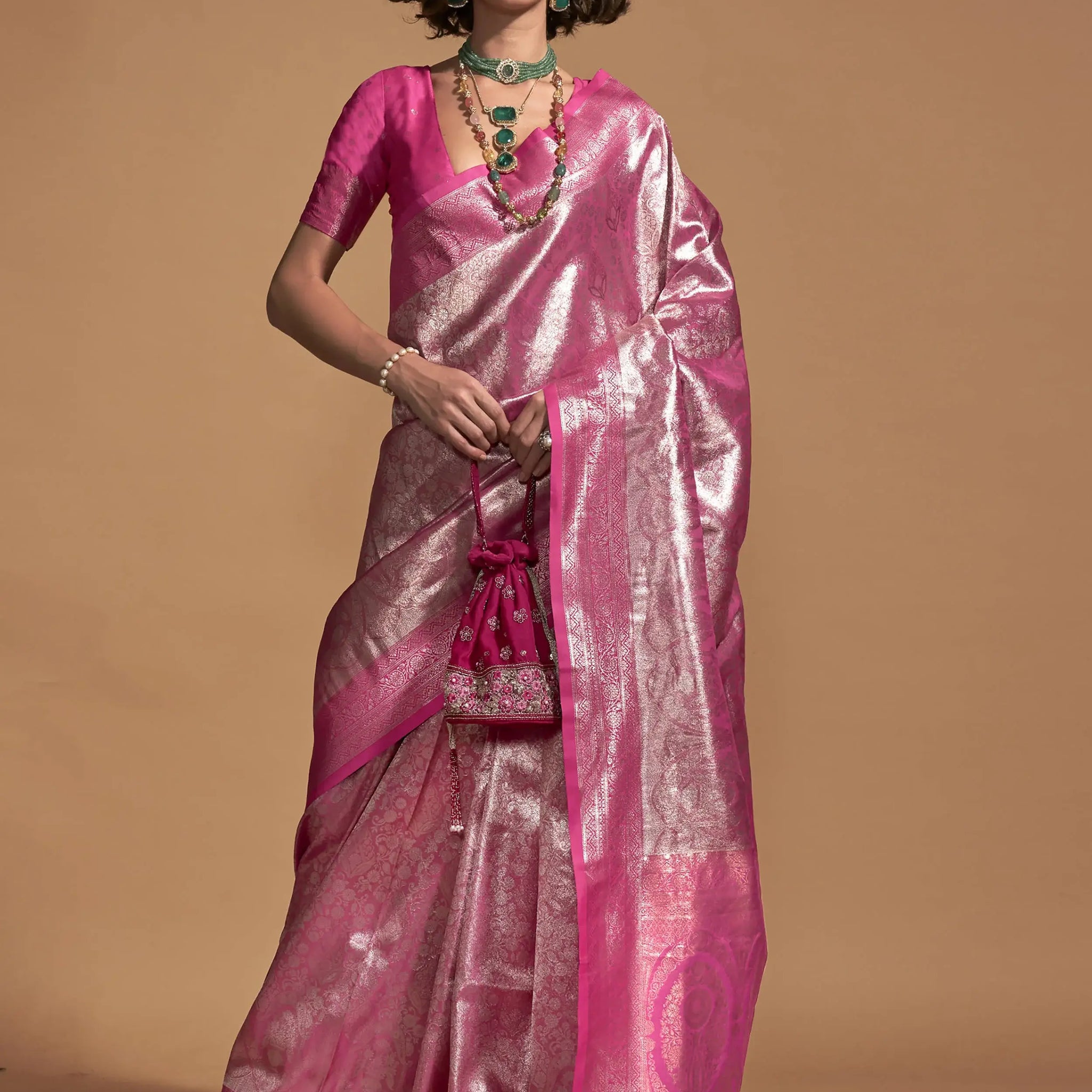 Astonishing Pink Zari Weaving Silk Wedding Wear Saree With Blouse - Zeel Clothing