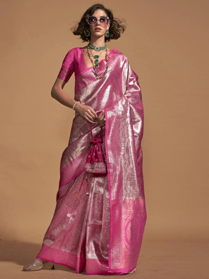 Astonishing Pink Zari Weaving Silk Wedding Wear Saree With Blouse - Zeel Clothing