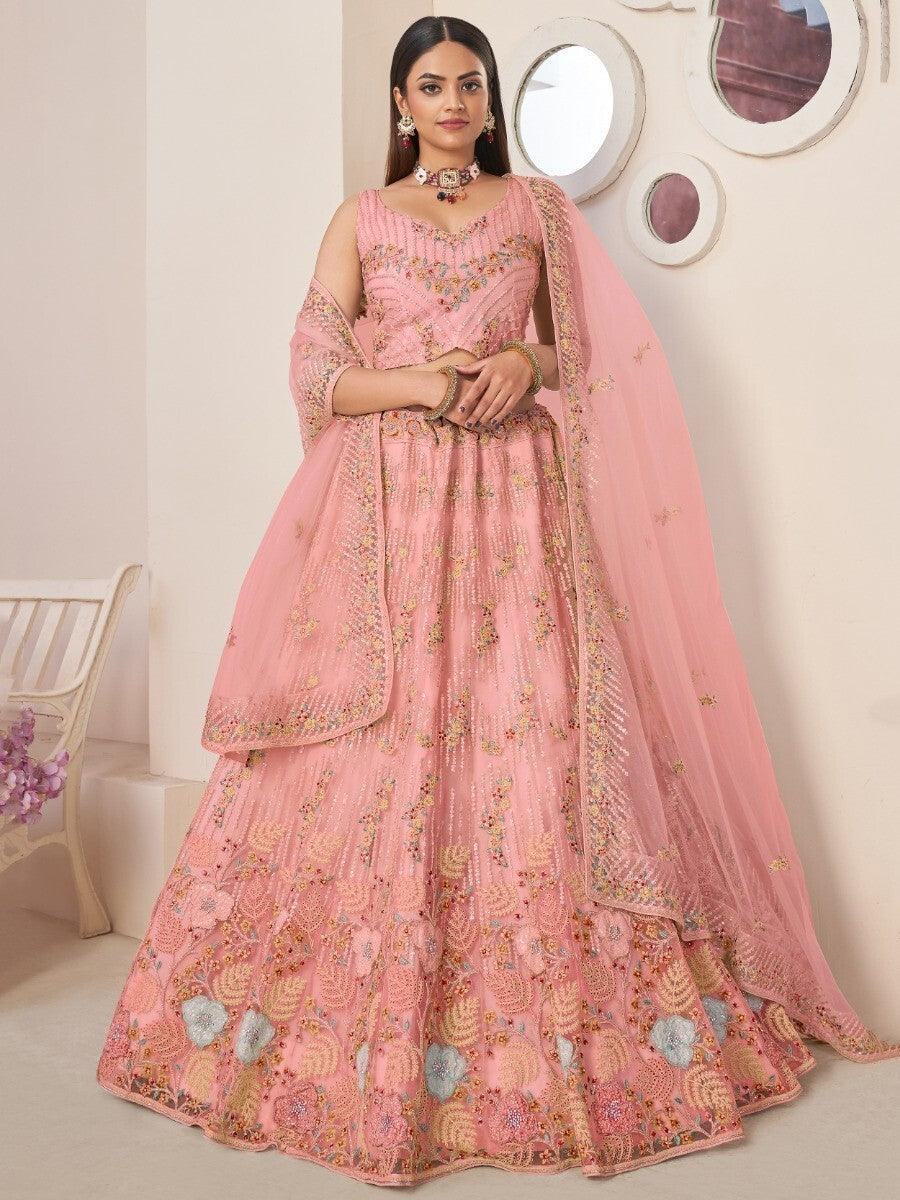 Astonishing Pink Zari Work Net Engagement Wear Lehenga Choli