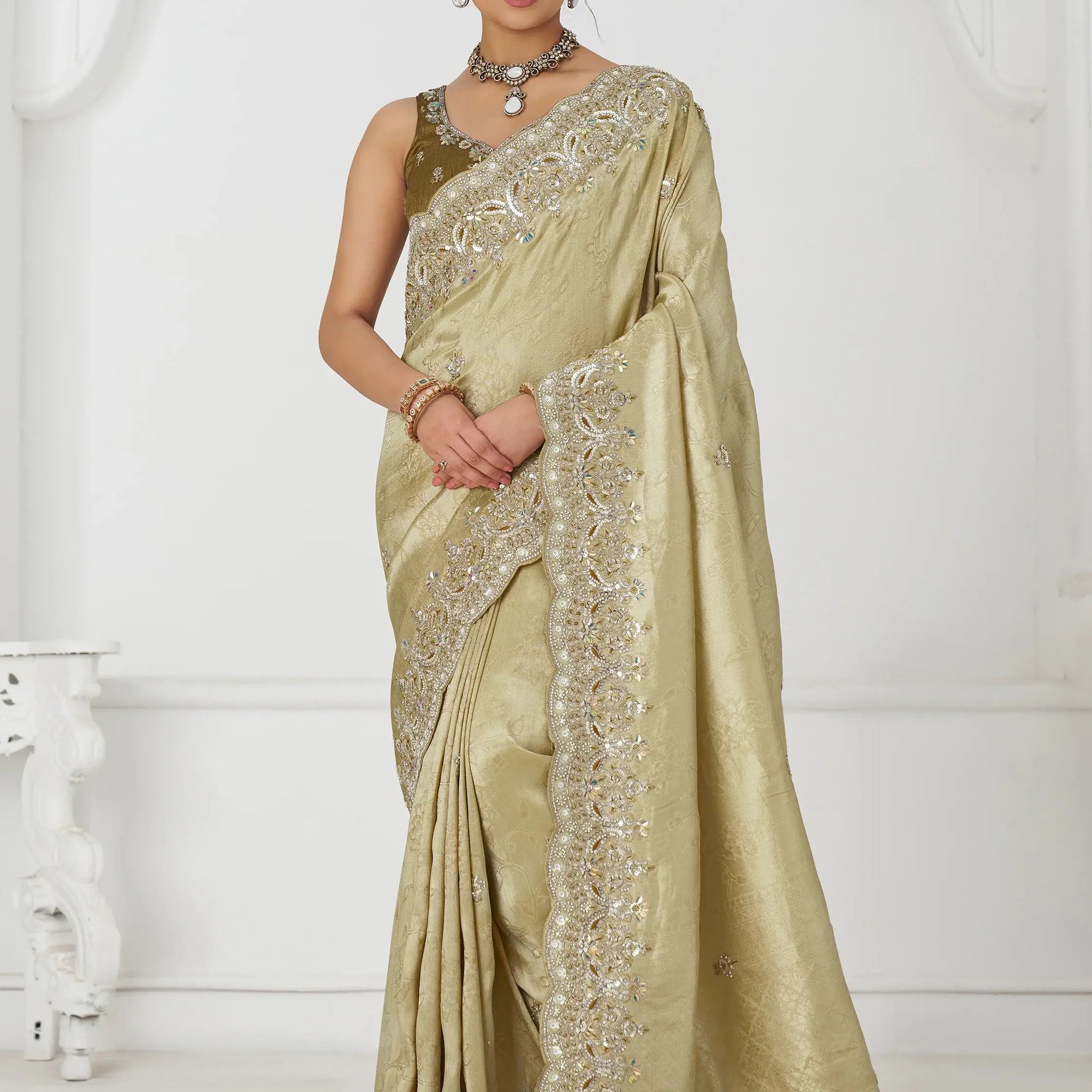 Astonishing Pista Green Dola Silk Sequins Wedding Wear Saree - Zeel Clothing