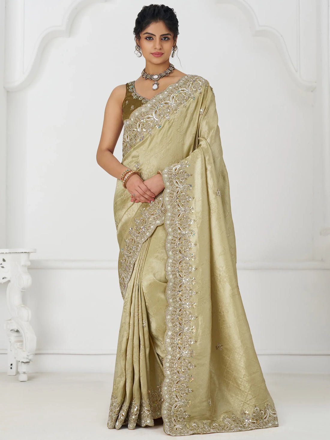 Astonishing Pista Green Dola Silk Sequins Wedding Wear Saree - Zeel Clothing