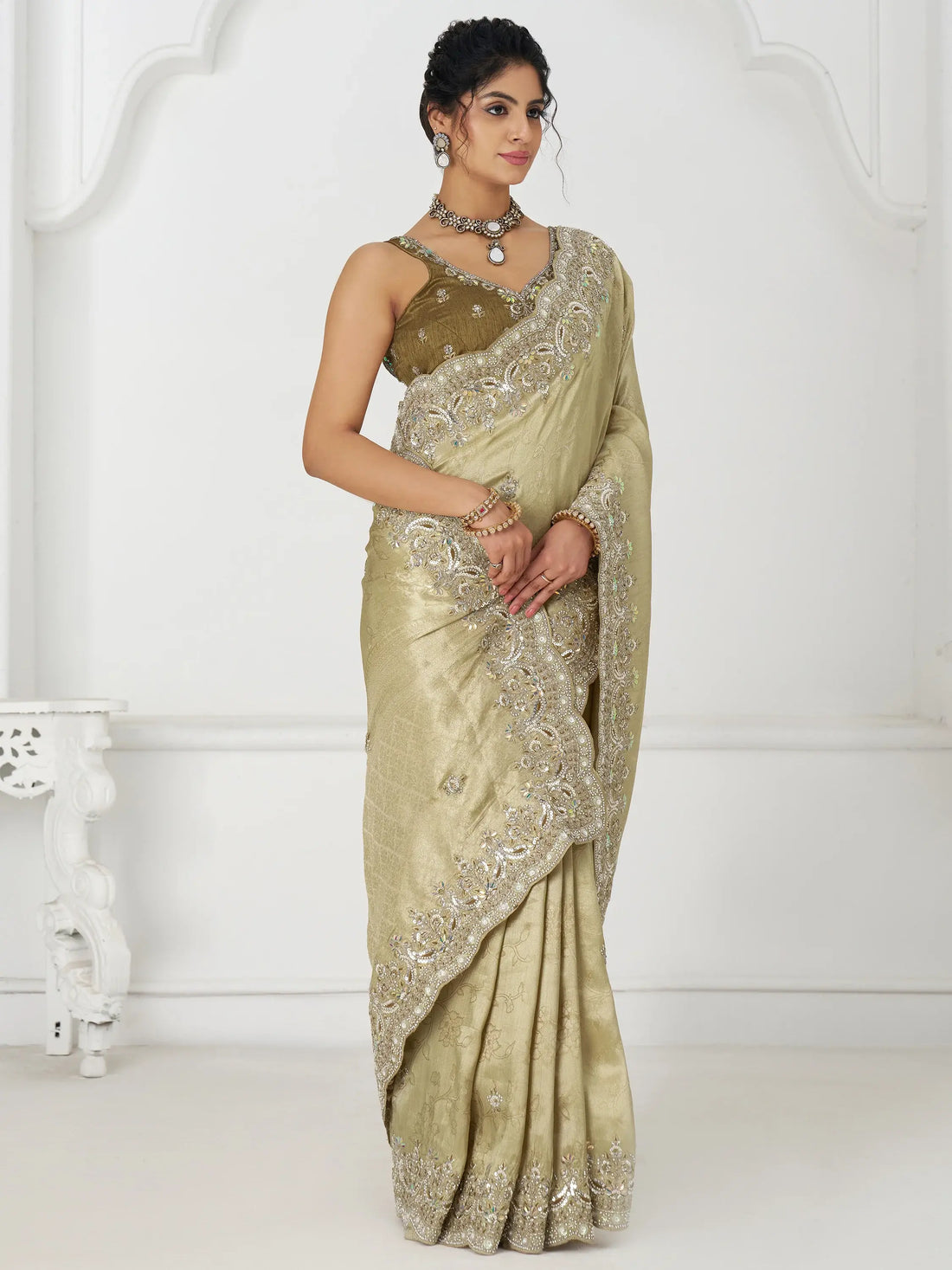 Astonishing Pista Green Dola Silk Sequins Wedding Wear Saree - Zeel Clothing