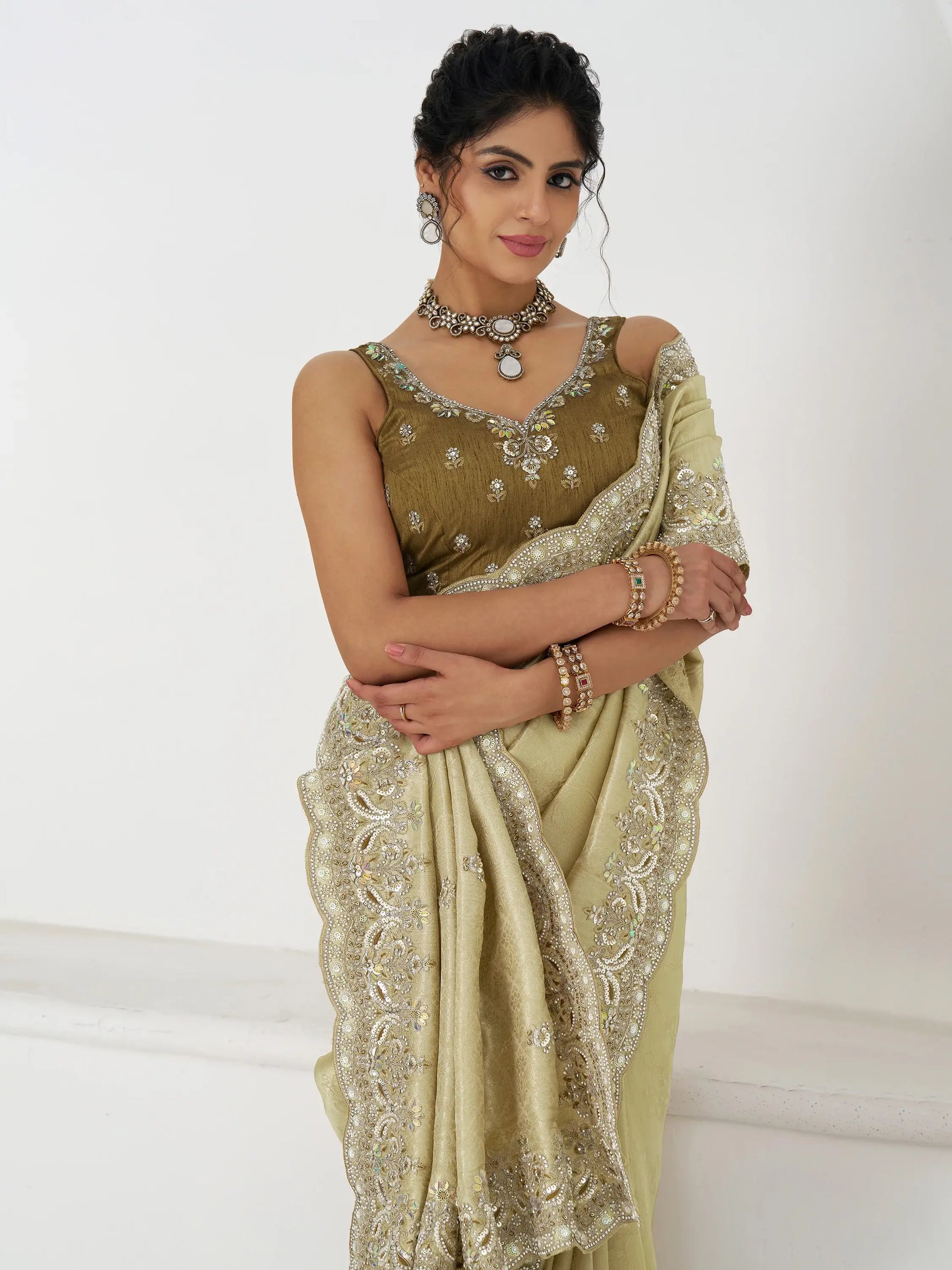 Astonishing Pista Green Dola Silk Sequins Wedding Wear Saree - Zeel Clothing