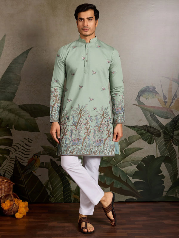 Astonishing Pista Green Embroidered Viscose Silk Wedding Wear Men Kurta