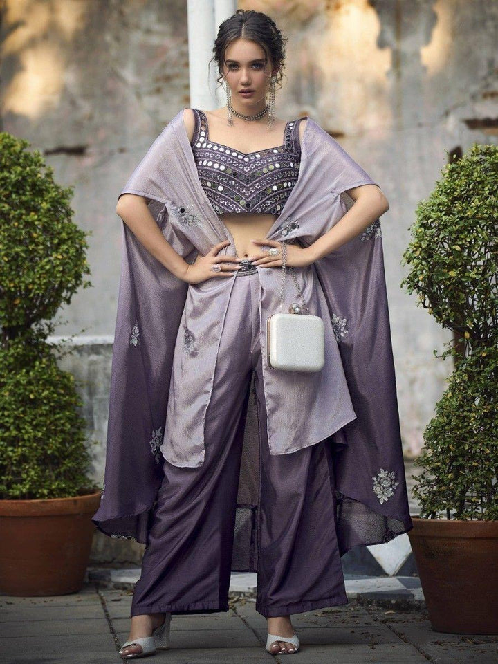 Astonishing Purple Embroidered Georgette Palazzo Suit With Jacket