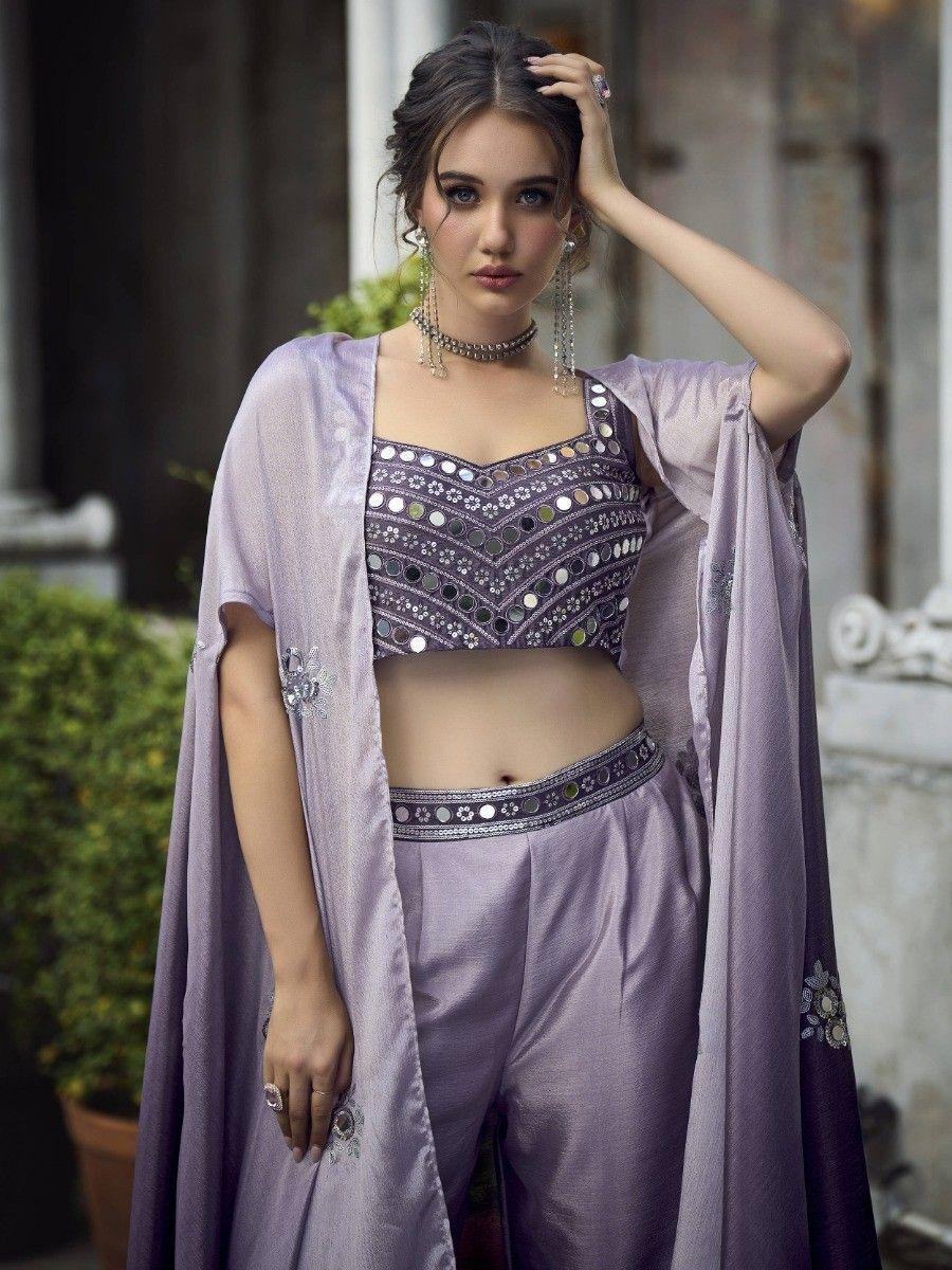 Astonishing Purple Embroidered Georgette Palazzo Suit With Jacket