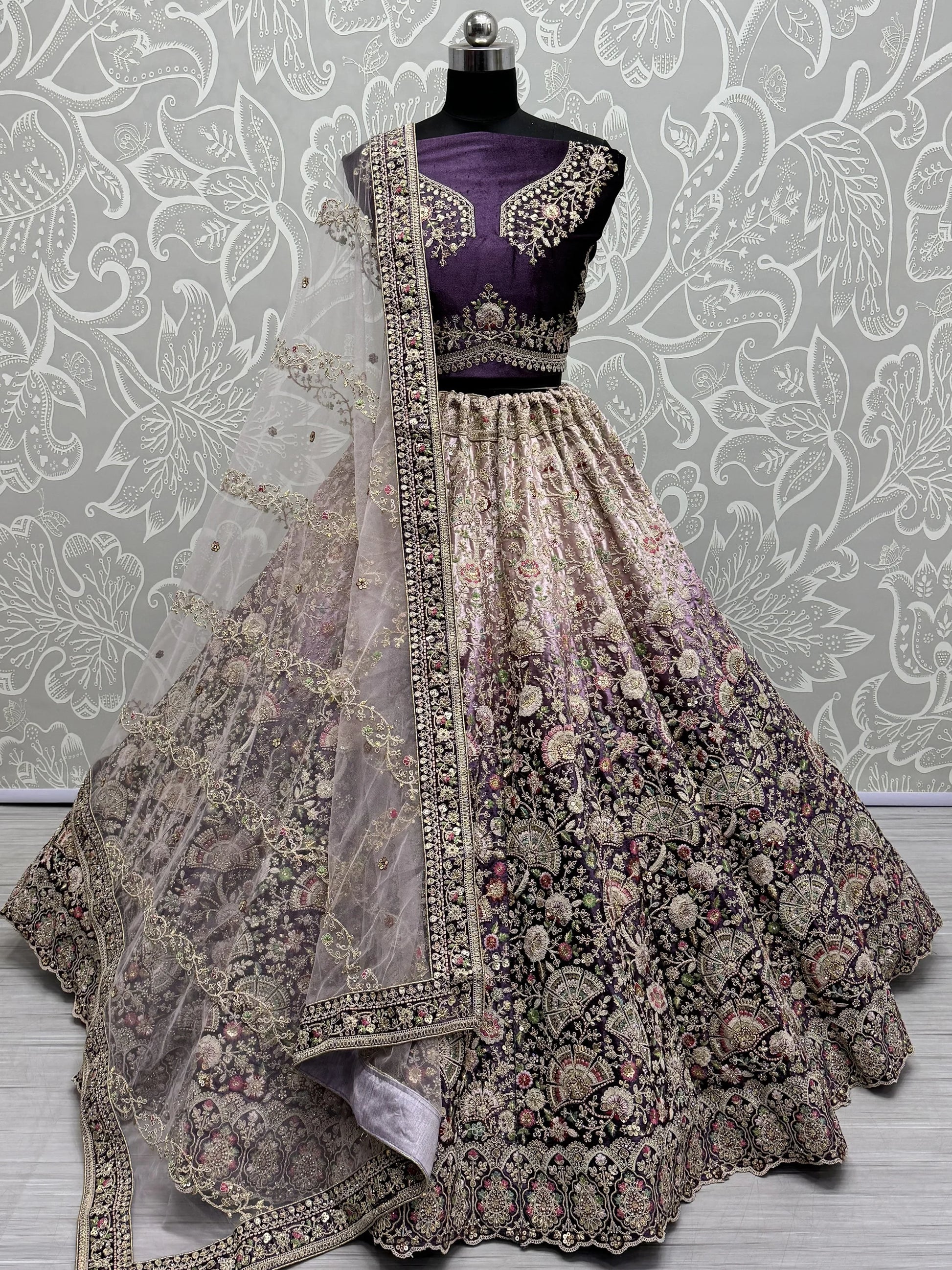 Astonishing Purple Embroidered Velvet Designer Lehenga Choli - Zeel Clothing