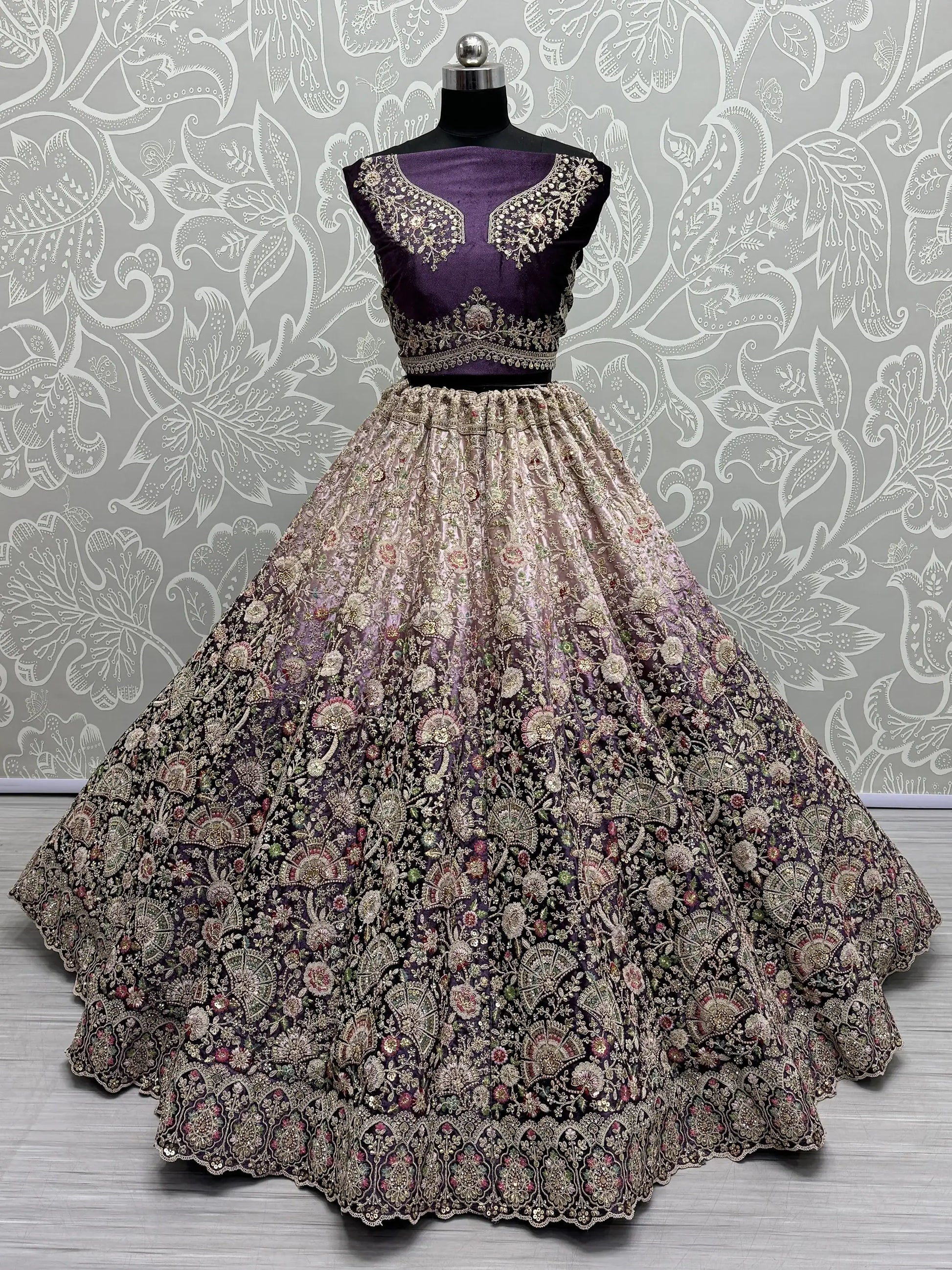 Astonishing Purple Embroidered Velvet Designer Lehenga Choli - Zeel Clothing