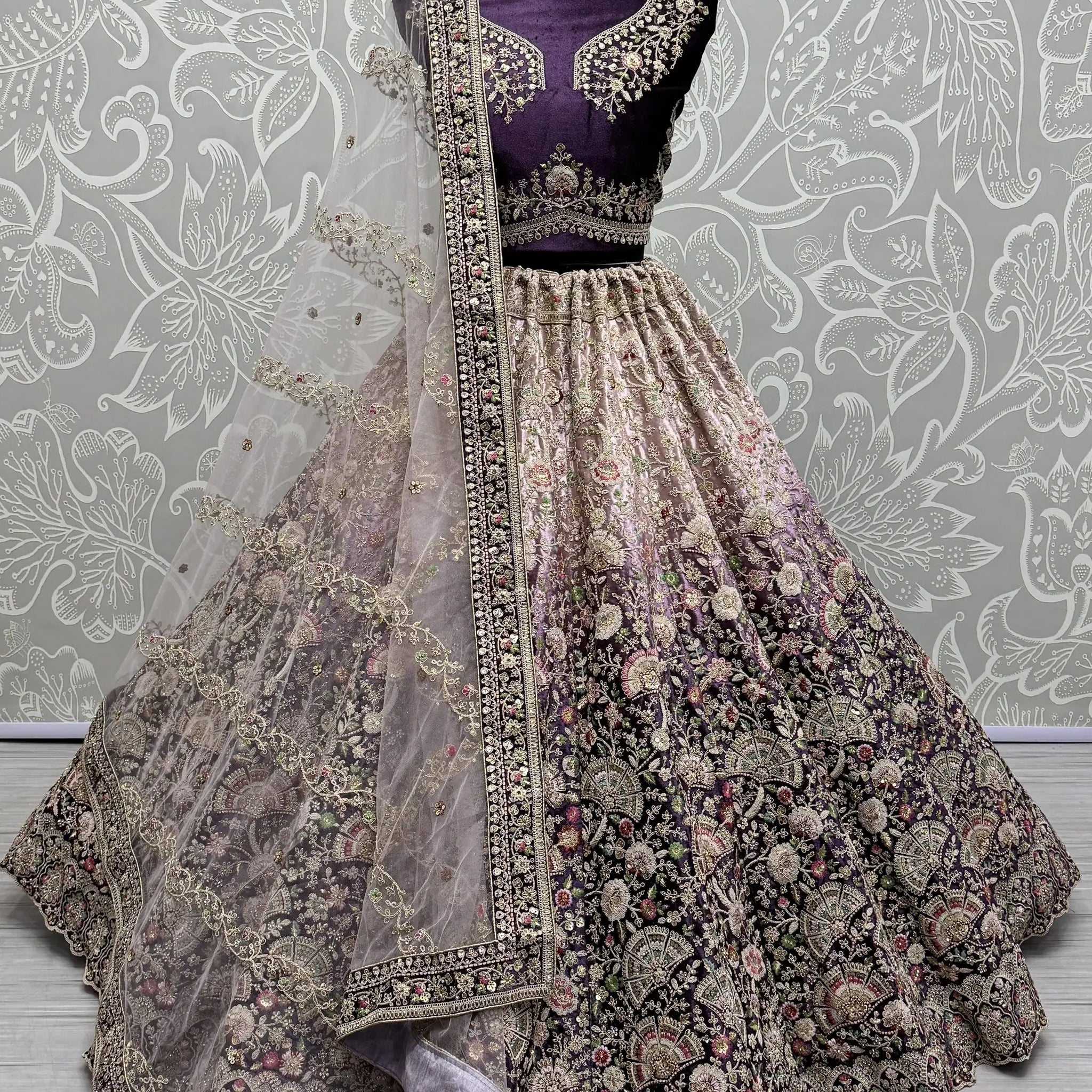 Astonishing Purple Embroidered Velvet Designer Lehenga Choli - Zeel Clothing