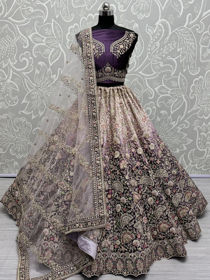 Astonishing Purple Embroidered Velvet Designer Lehenga Choli - Zeel Clothing