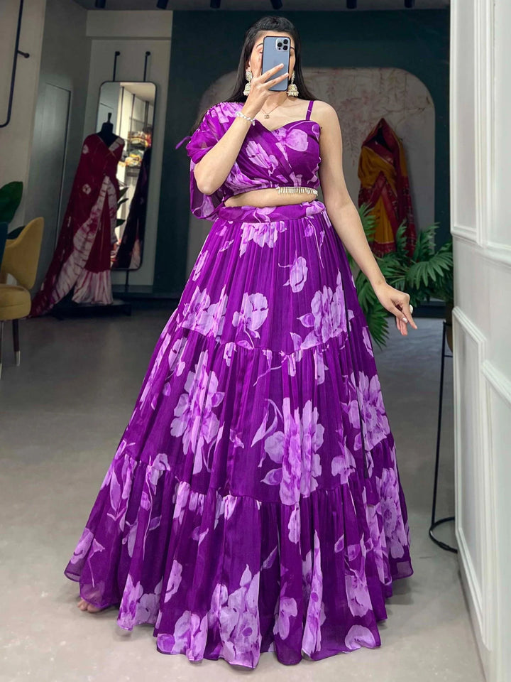 Astonishing Purple Floral Printed Chiffon Crop-Top Lehenga