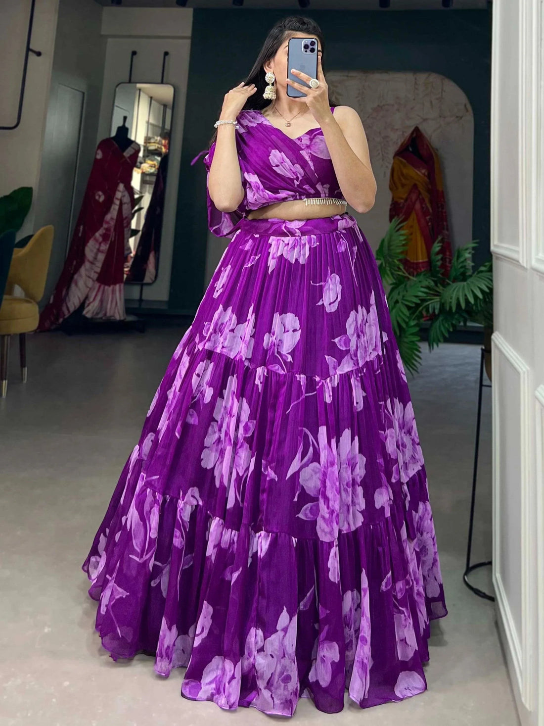 Astonishing Purple Floral Printed Chiffon Crop-Top Lehenga