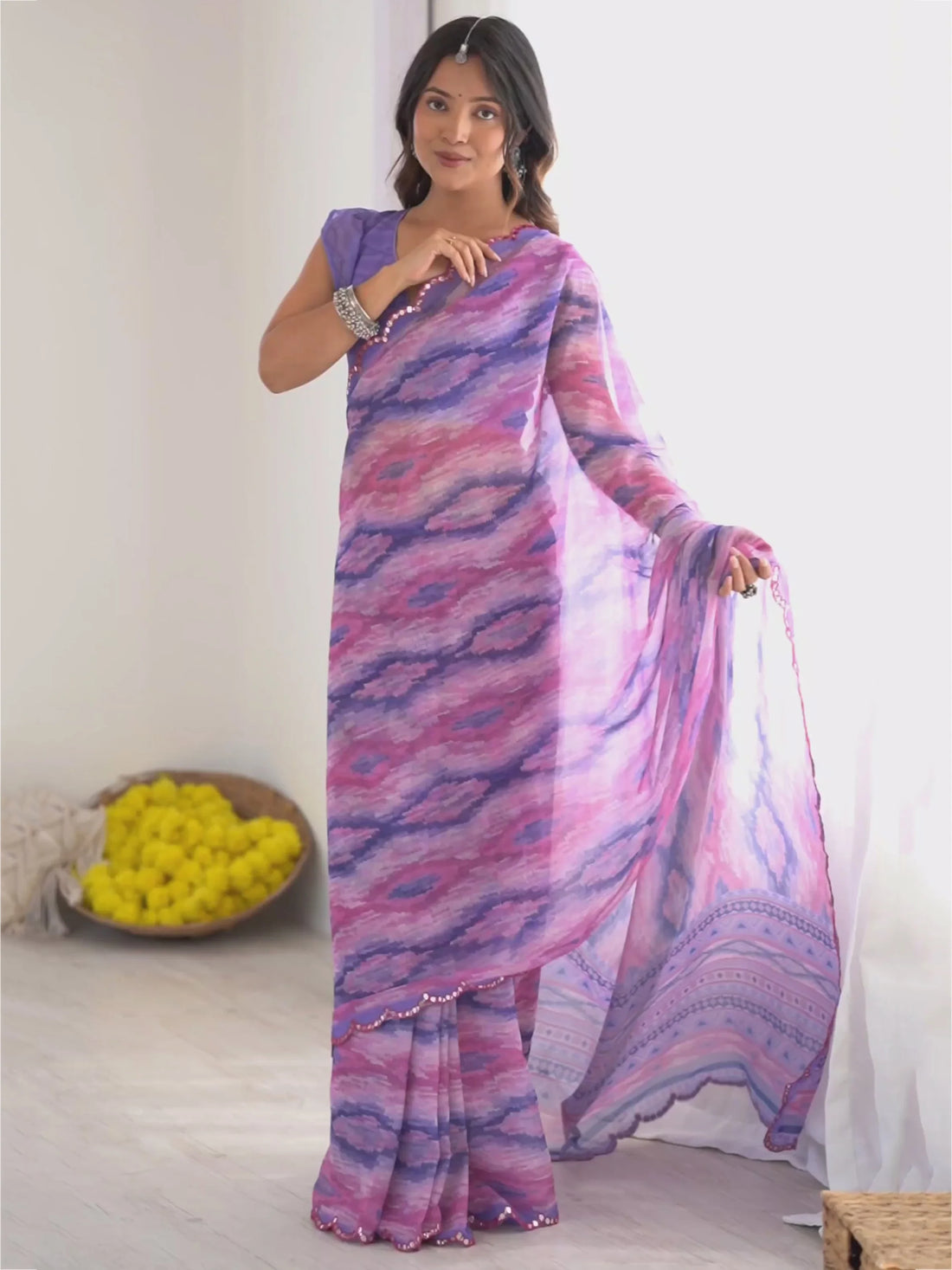 Astonishing Purple Printed Georgette Party Wear Saree With Blouse