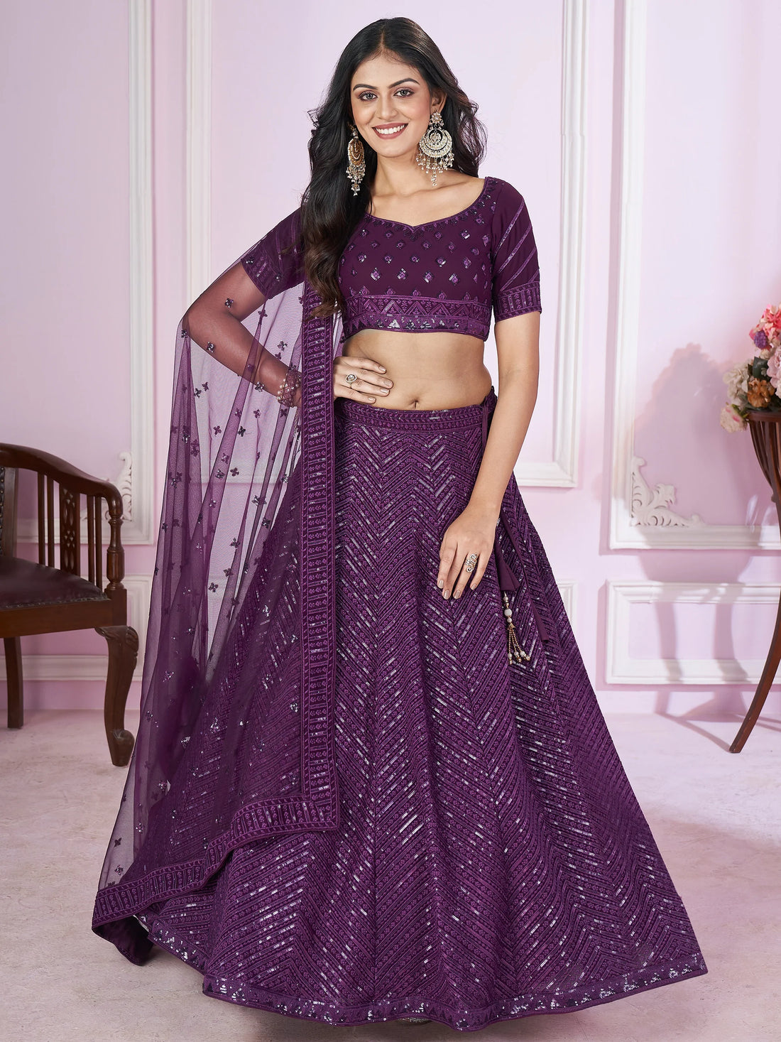 Astonishing Purple Sequins Georgette Reception Wear Lehenga Choli - Zeel Clothing