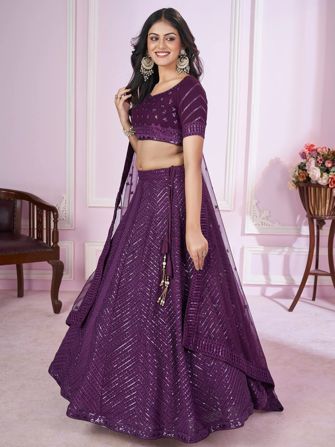 Astonishing Purple Sequins Georgette Reception Wear Lehenga Choli - Zeel Clothing